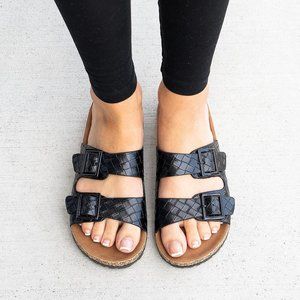 Weeboo Women Slip on Double Quilted Buckled Cork Slides - Black - Size 7